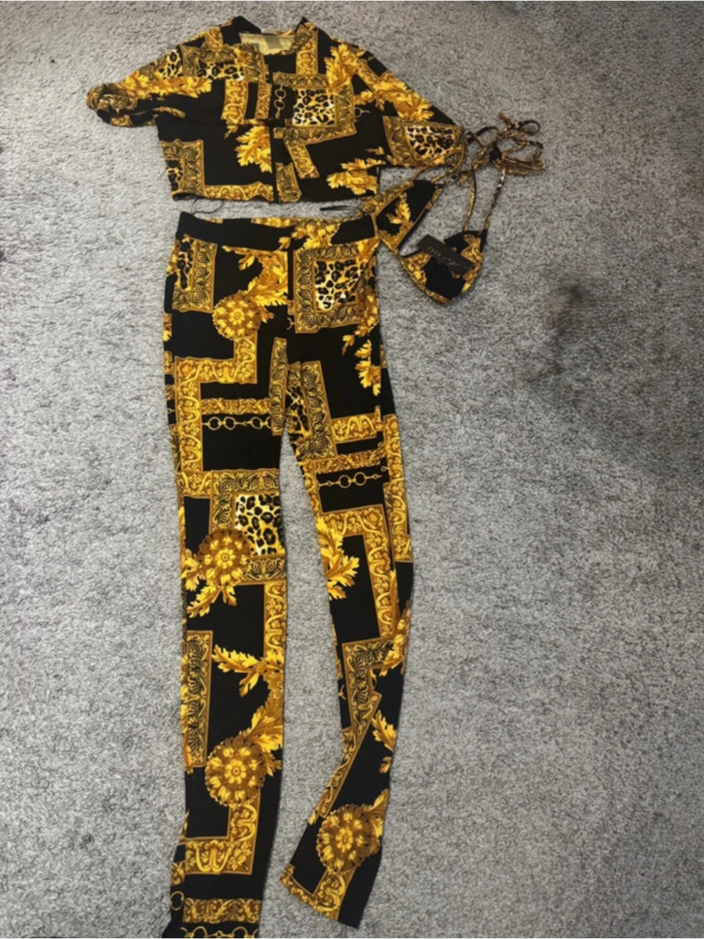 Black & Gold Patterned High-Waist Pants - Women